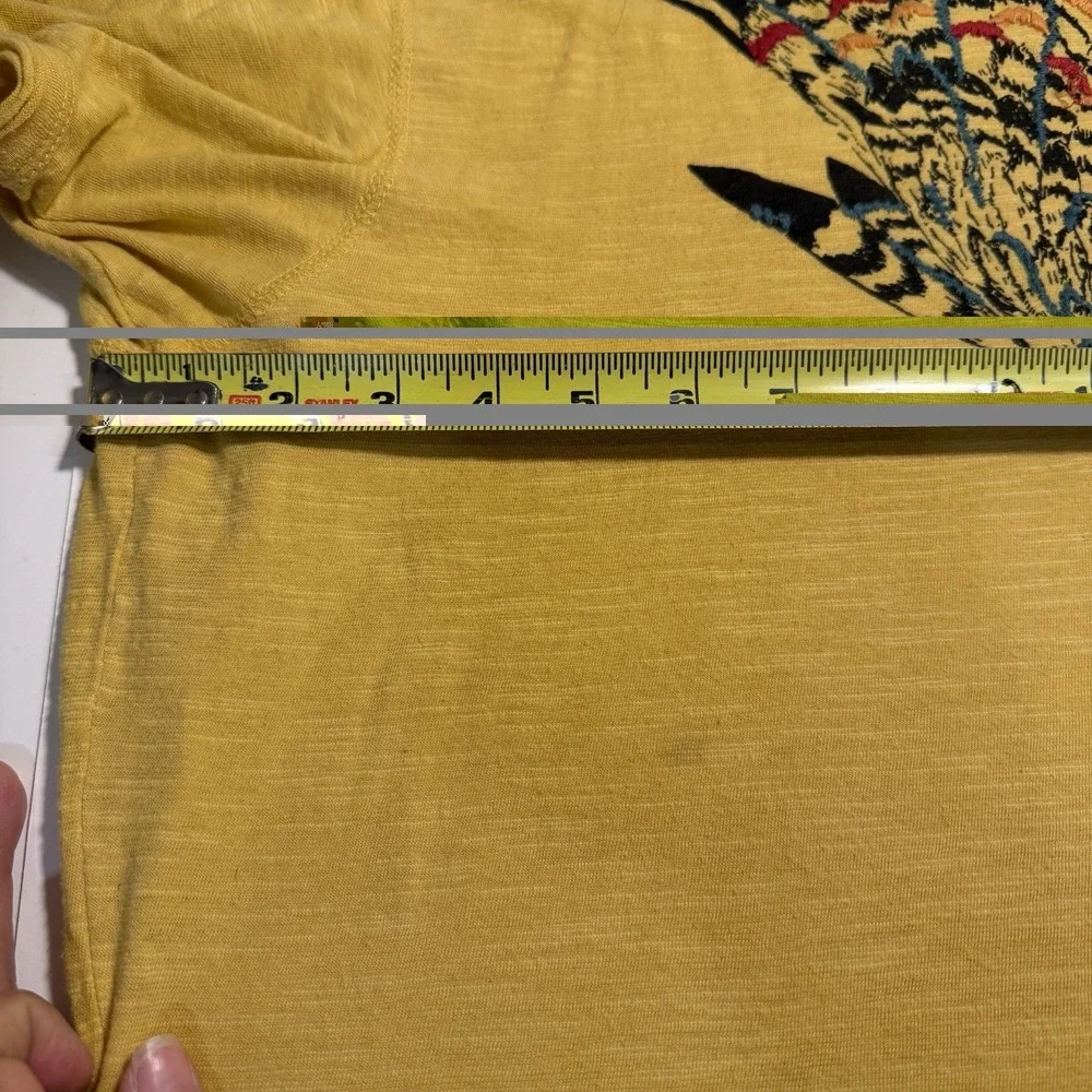 Free People Soak Up The Sun Yellow Eagle Embroidered Tee XS Boho Oversized